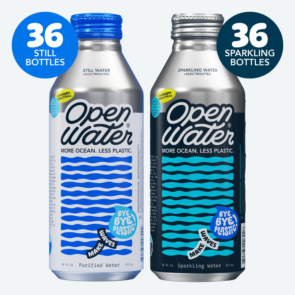 Open Water Still and Sparkling 16oz aluminum bottles 36 count of each