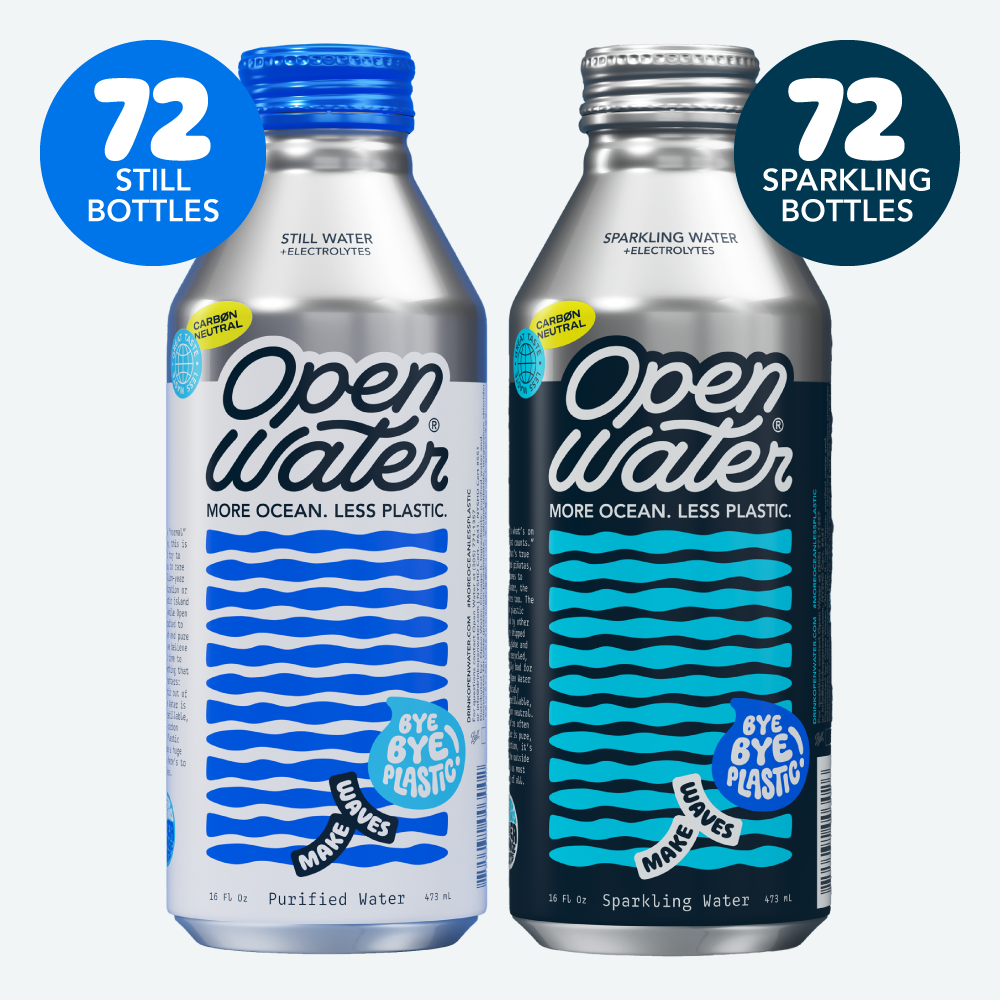 Open Water Still and Sparkling 16oz aluminum bottles 72 count of each